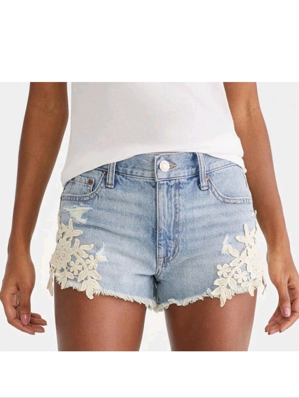 Vintage Y2k Jolt Crochet Lace Denim Shortie Jean Shorts Raw Hem Light Wash 13